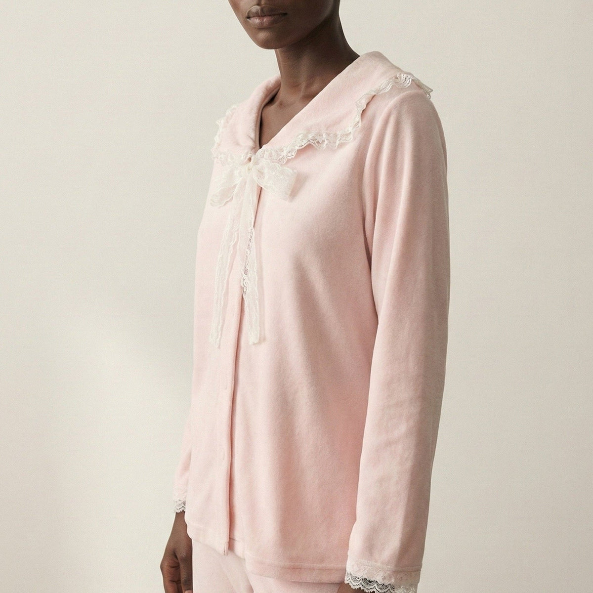 Rosy Velvet Coquette Lace Pajama Set / Pink