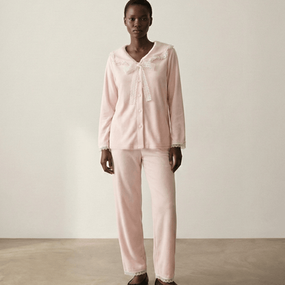 Rosy Velvet Coquette Lace Pajama Set / Pink