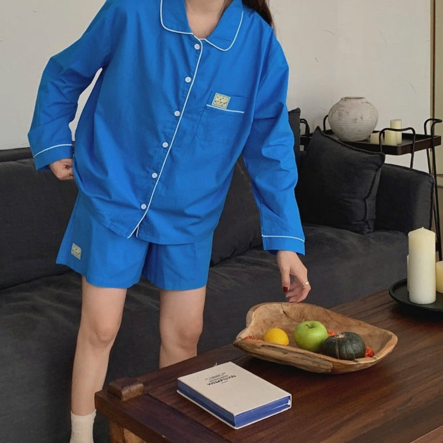 Royal Blue Long Sleeves and Shorts Pajama Set