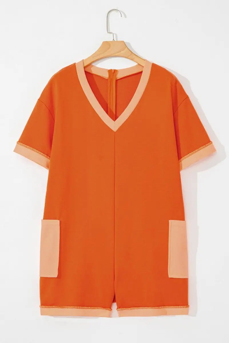 Dresses Love Salve Orange Romper Women's Daily Wear Casual V-Neck Pocket Summer Jumpsuit
