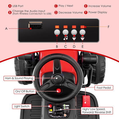 12V Electric Tractor for Kids with Remote Control, Music, and LED Lights - Red