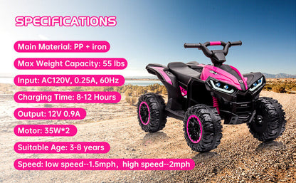 Electric 4-Wheels Car Truck ATV for Kids Ages 3+: 12V Battery Powered Ride On Toy