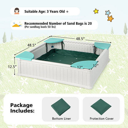 White Outdoor Sandbox with Oxford Cover and 4 Corner Seats for Kids