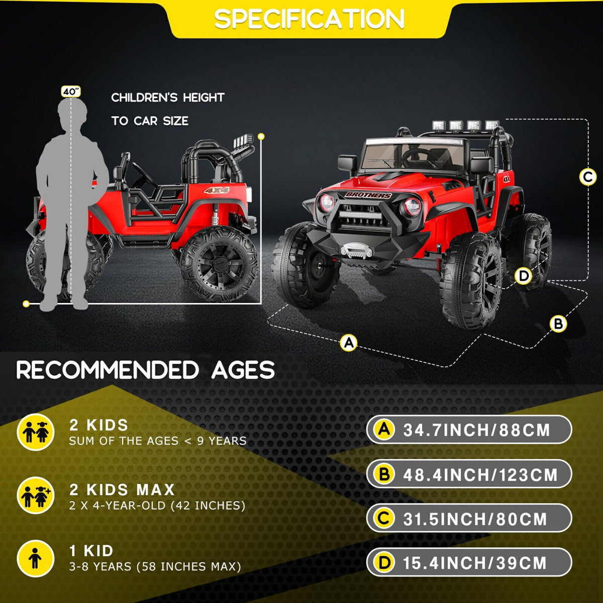 400W 2-Seater Electric Ride-On Jeep for Kids with LED Lights and Remote Control