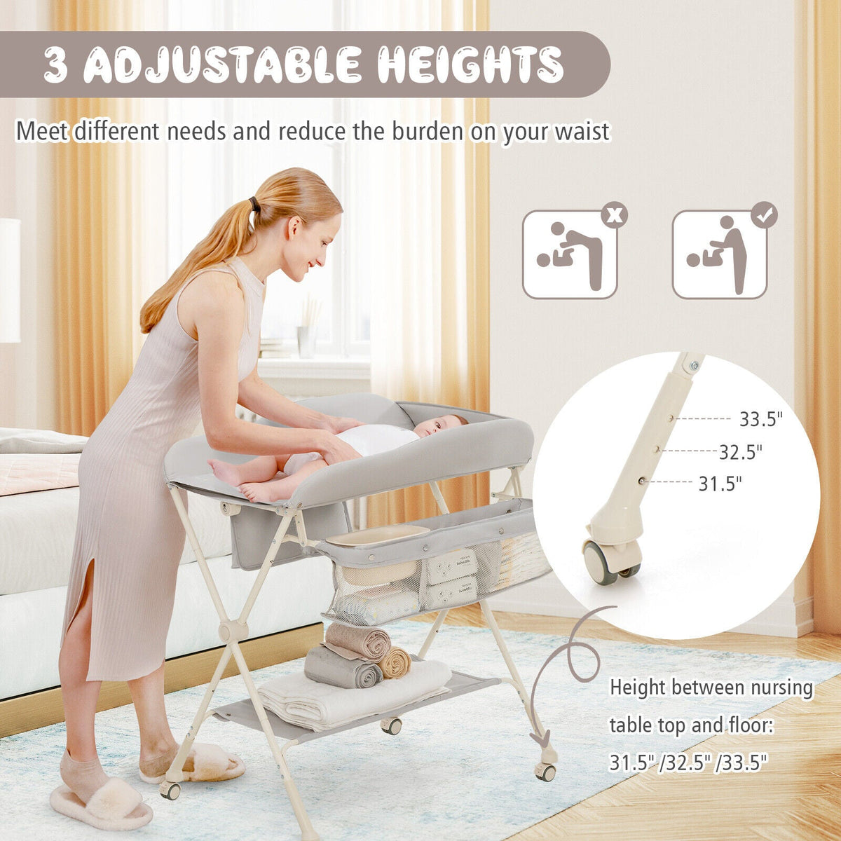 Baby Diaper Changing Table with Water Basin Wheel-Gray
