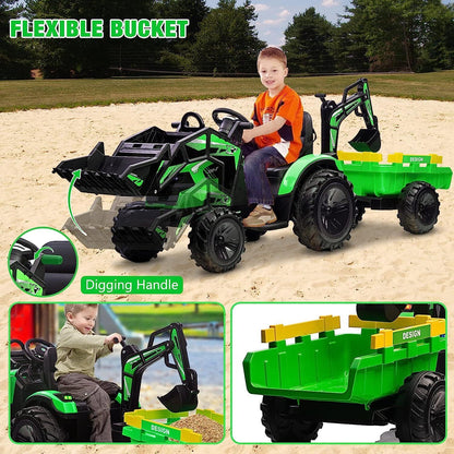 24V Battery-Powered Tractor with Trailer Loader & Digger Remote-Control Ride-on Vehicle