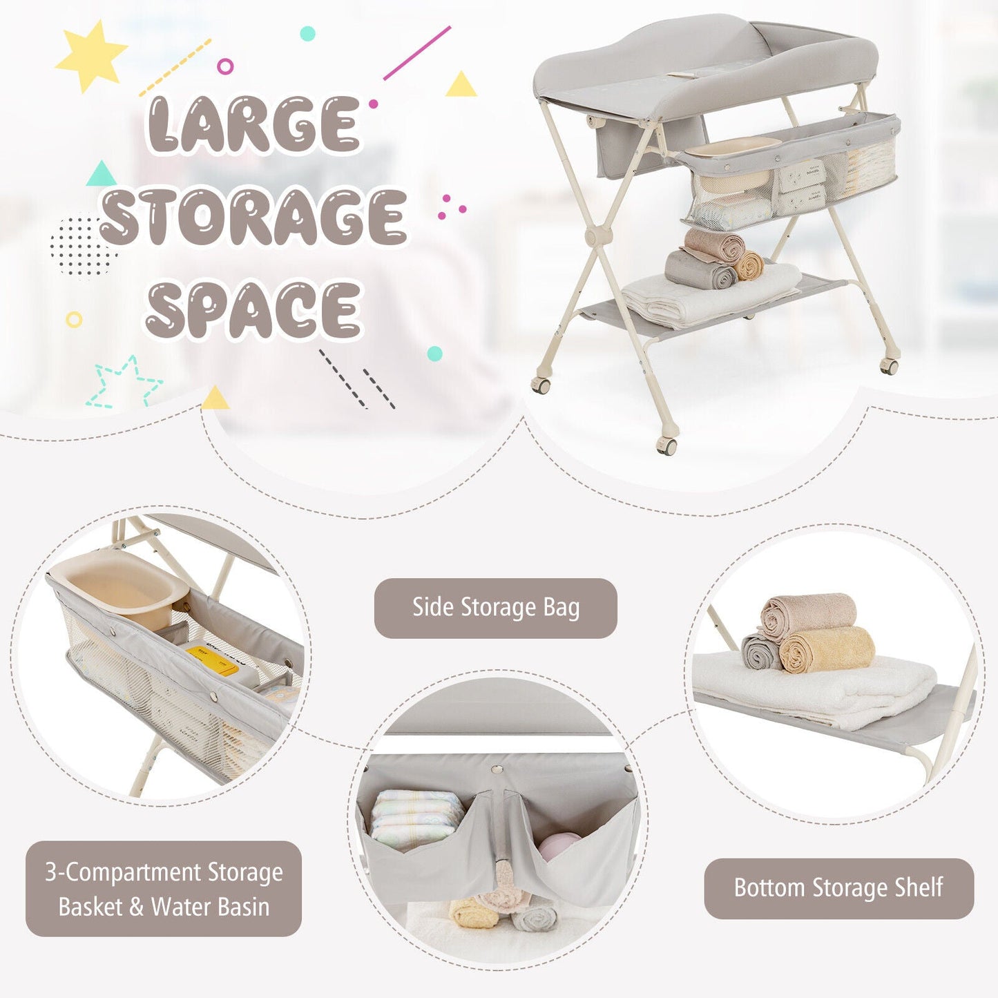 Baby Diaper Changing Table with Water Basin Wheel-Gray