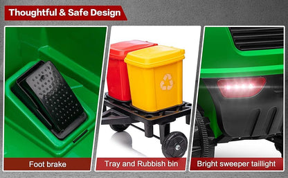12V Kids Ride-On Construction Sweeper Truck with Trailer and Rubbish Bin Toy Car
