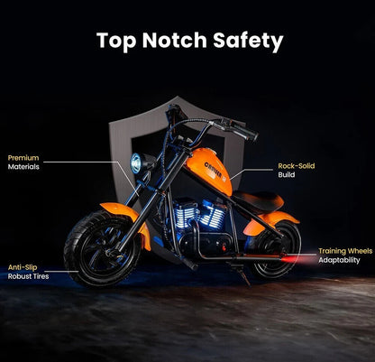 24V Children's Boys Ride On Motorbike Chopper Bicycle 160W Engine 10MPH Velocity, Distance Tracker, Mist