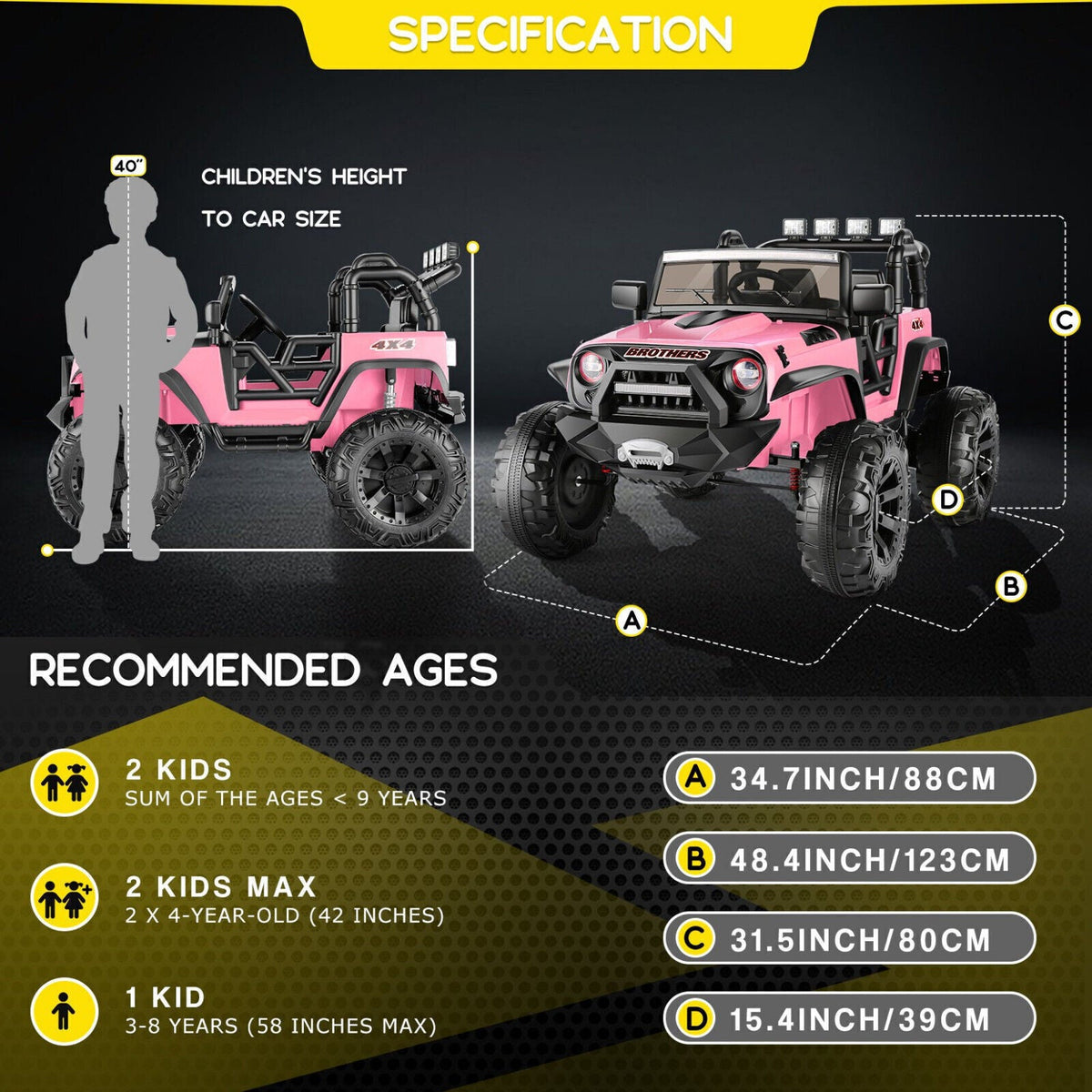 Electric 2-Seater Kids Jeep with 400W Motor, LED Lights, and 24V Battery