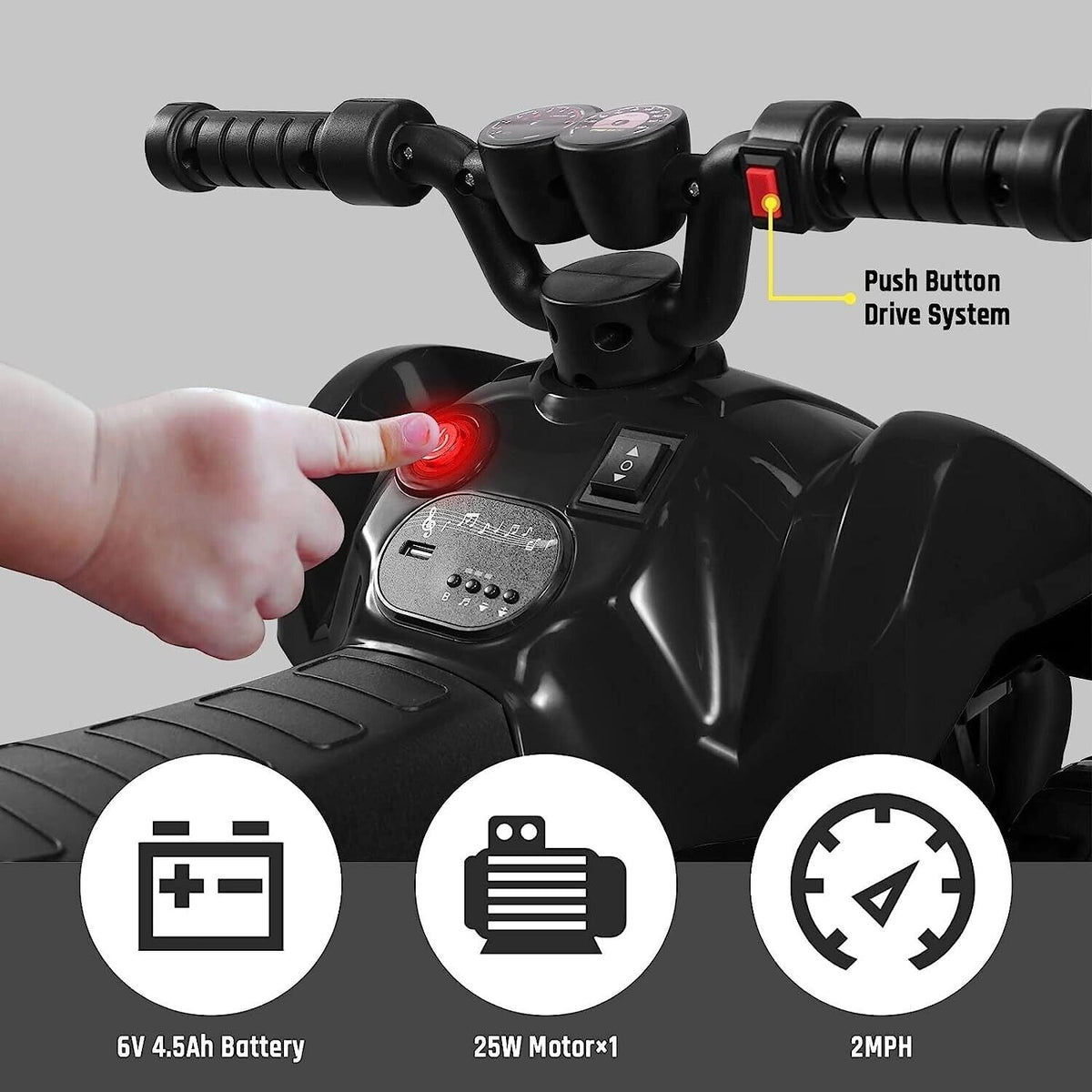 25W Electric ATV for Toddlers with Wireless Music and 6V Battery Power