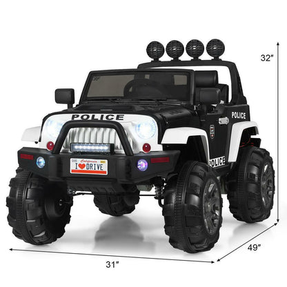 12 Volt Electric Kids Ride-On Police Truck Car with MP3 Player, Bluetooth Connectivity, and Remote Control - Black