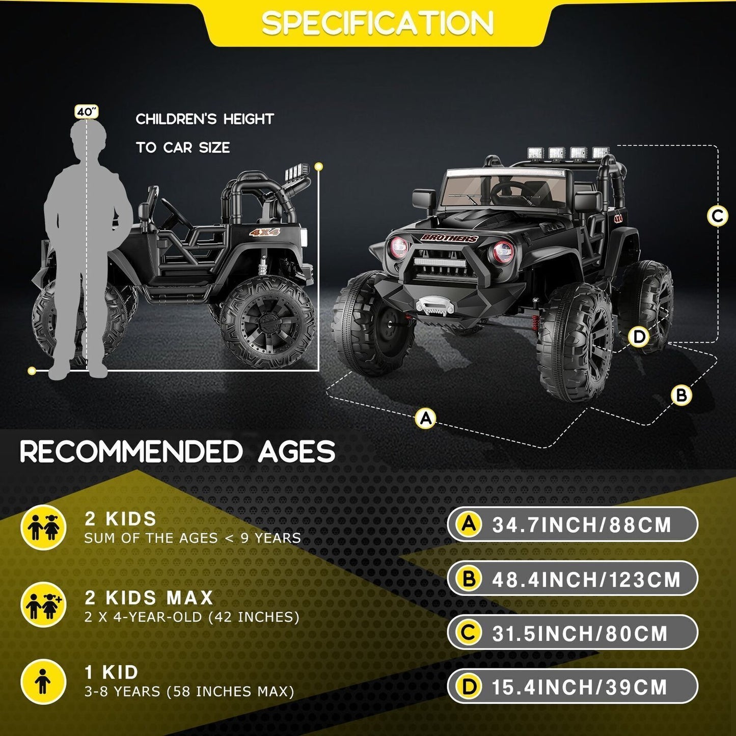 400W 2-Seater Electric Ride-On Jeep for Kids with LED Lights and Remote Control