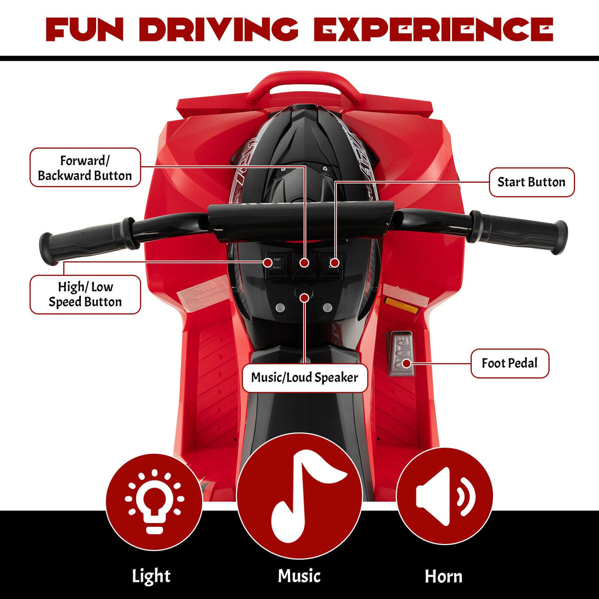 Red Kids Ride-on ATV with Headlights and Music - Powered by 12V Battery