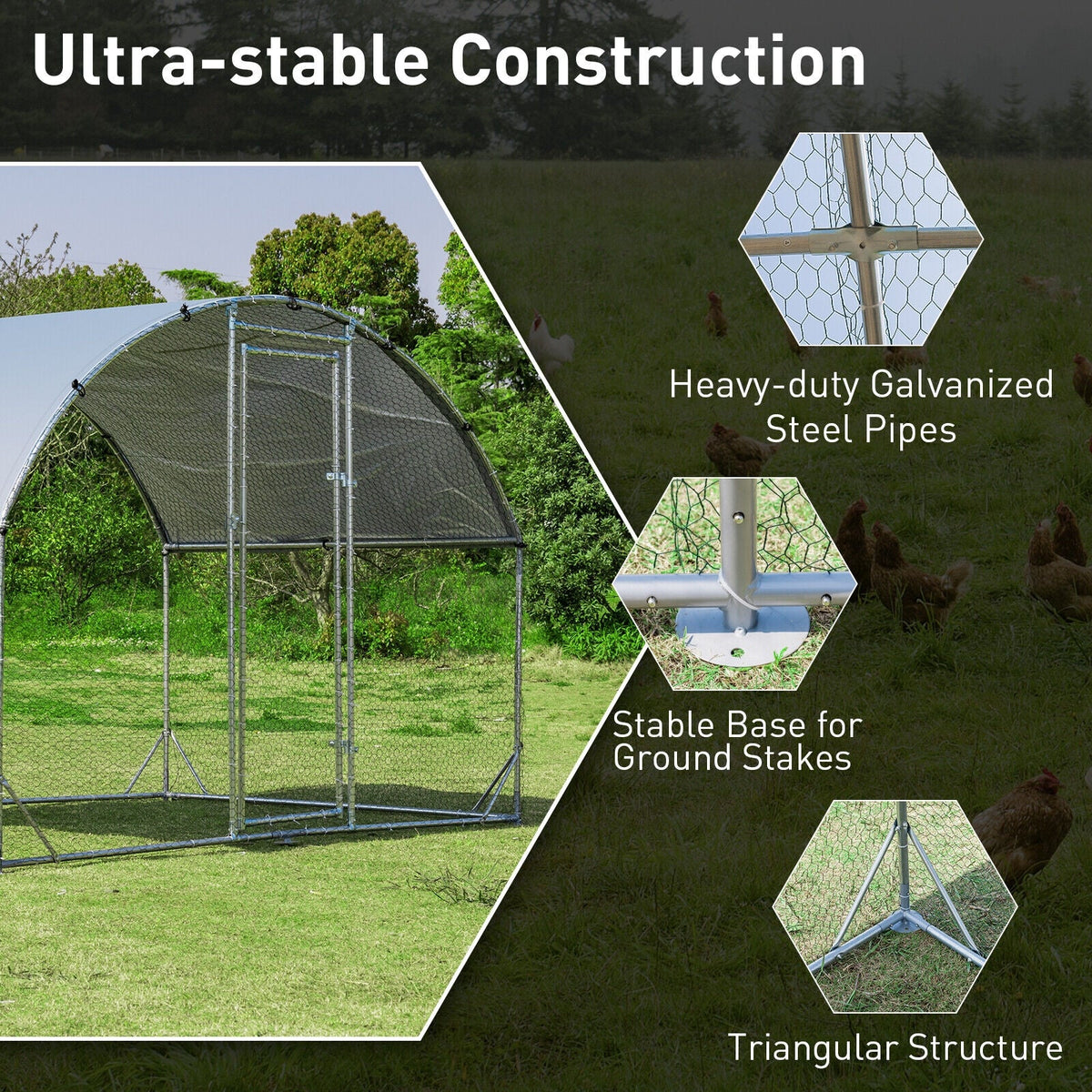 6.2 Feet/12.5 Feet/19 Feet Large Metal Chicken Coop Outdoor Galvanized Dome Cage with Cover-S