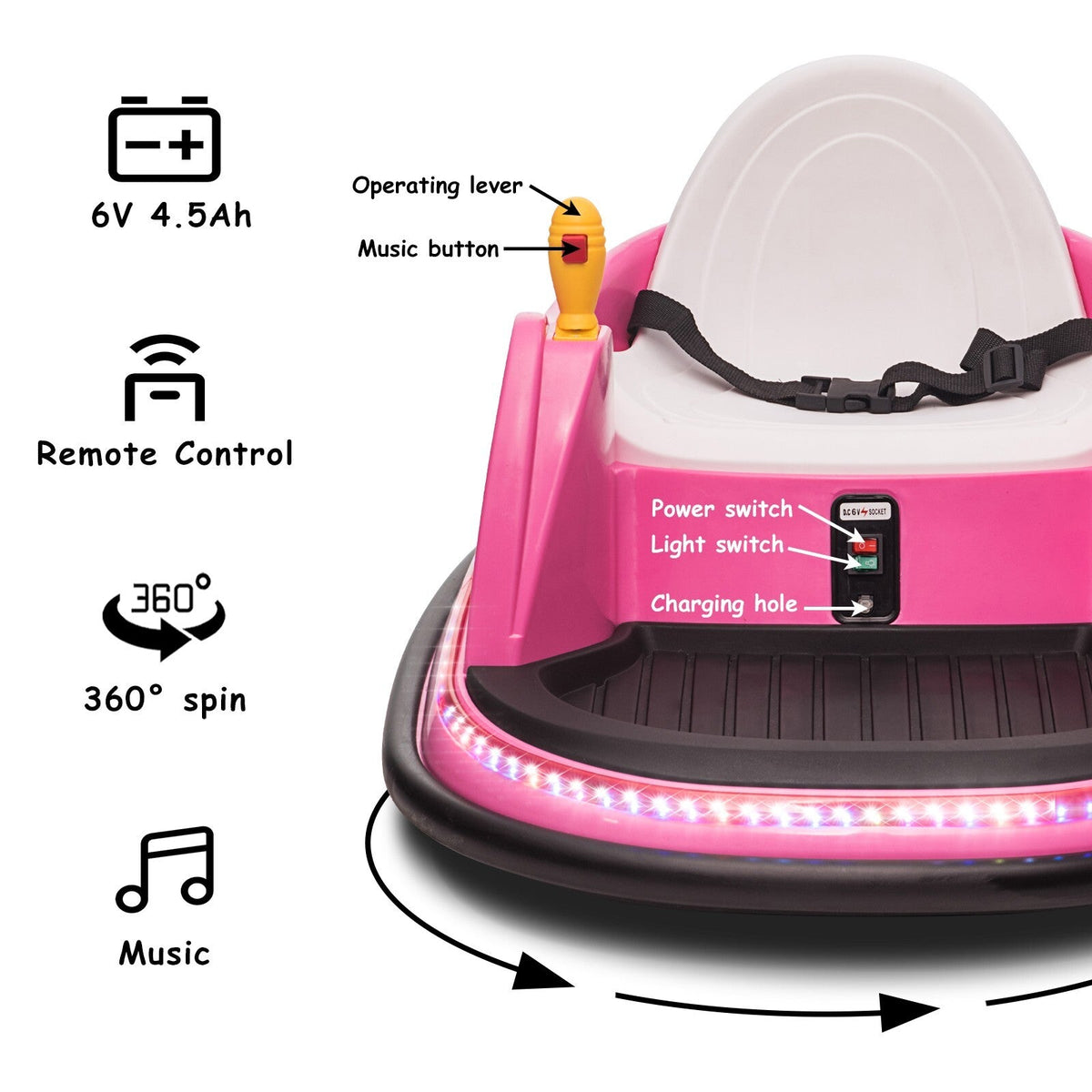 6V Electric Ride-On Bumper Car for Toddlers with Remote Control and 360° Spin