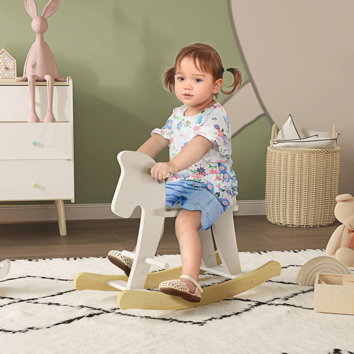 Wooden Rocking Horse Ride-On Toy with Safety Class for Toddlers 1-3 Years