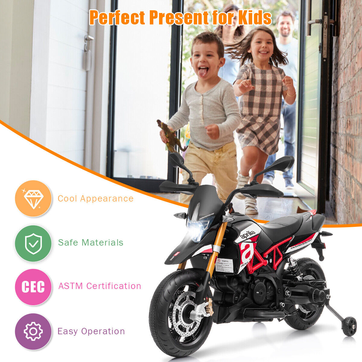 Aprilia 12V Kids Ride-On Motorcycle with Training Wheels in Red - Officially Licensed