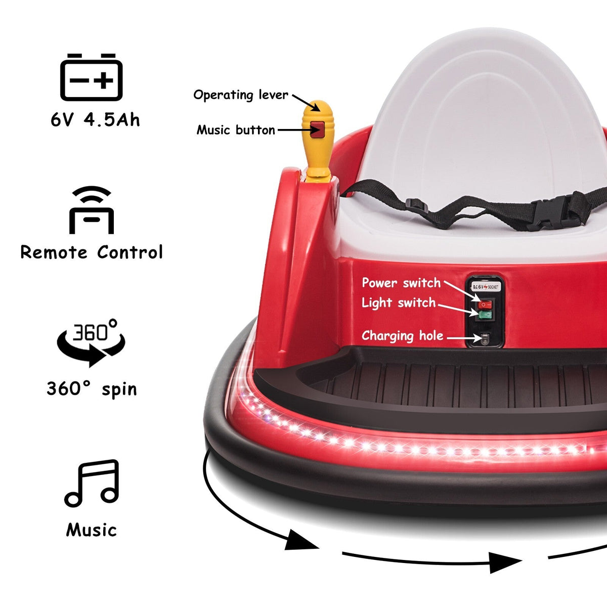 6V Electric Kids Ride-On Bumper Car with 360° Spin and Remote Control - Red Toddler Toy
