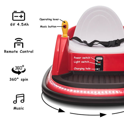 6V Electric Kids Ride-On Bumper Car with 360° Spin and Remote Control - Red Toddler Toy