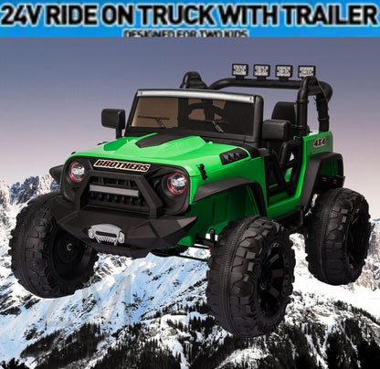 24V Battery-Powered Kids Ride On Truck with Trailer and RC Control - 3 Speeds, Camo Design