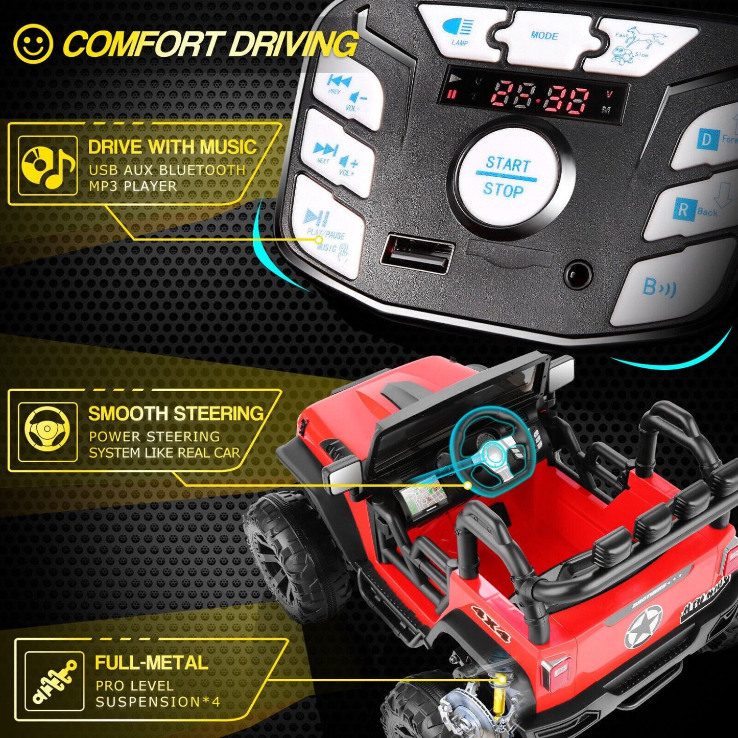 400W 2-Seater Electric Ride-On Jeep for Kids with LED Lights and Remote Control