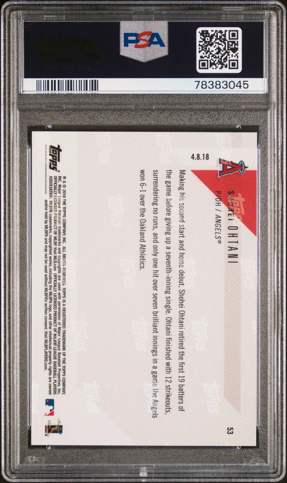 Graded 2018 Topps Now Shohei Ohtani #53 Rookie Phenom Flirts With Perfection in 12-K Gem Rookie RC Baseball Card PSA 10 Gem Mint