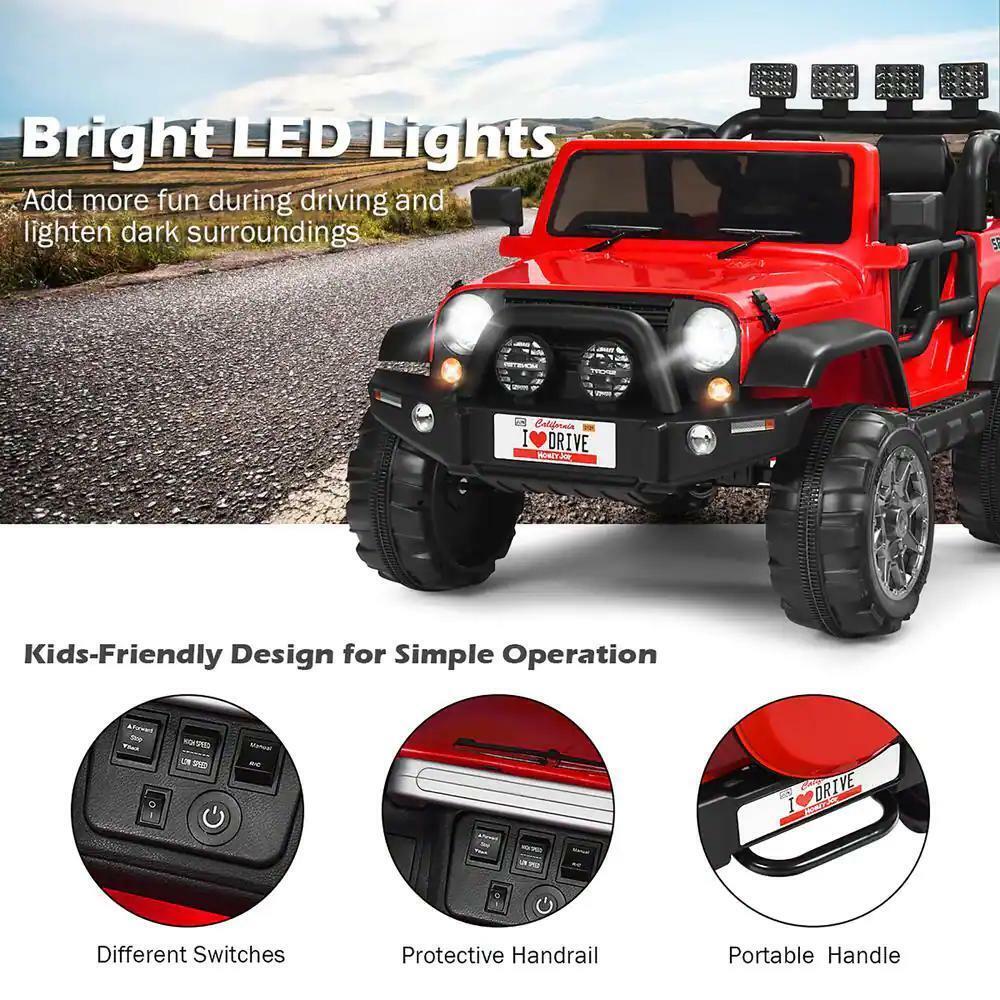 RC Electric Ride-On Toy Truck for Kids with 2 Seats and Storage Compartment - Red 12.6"