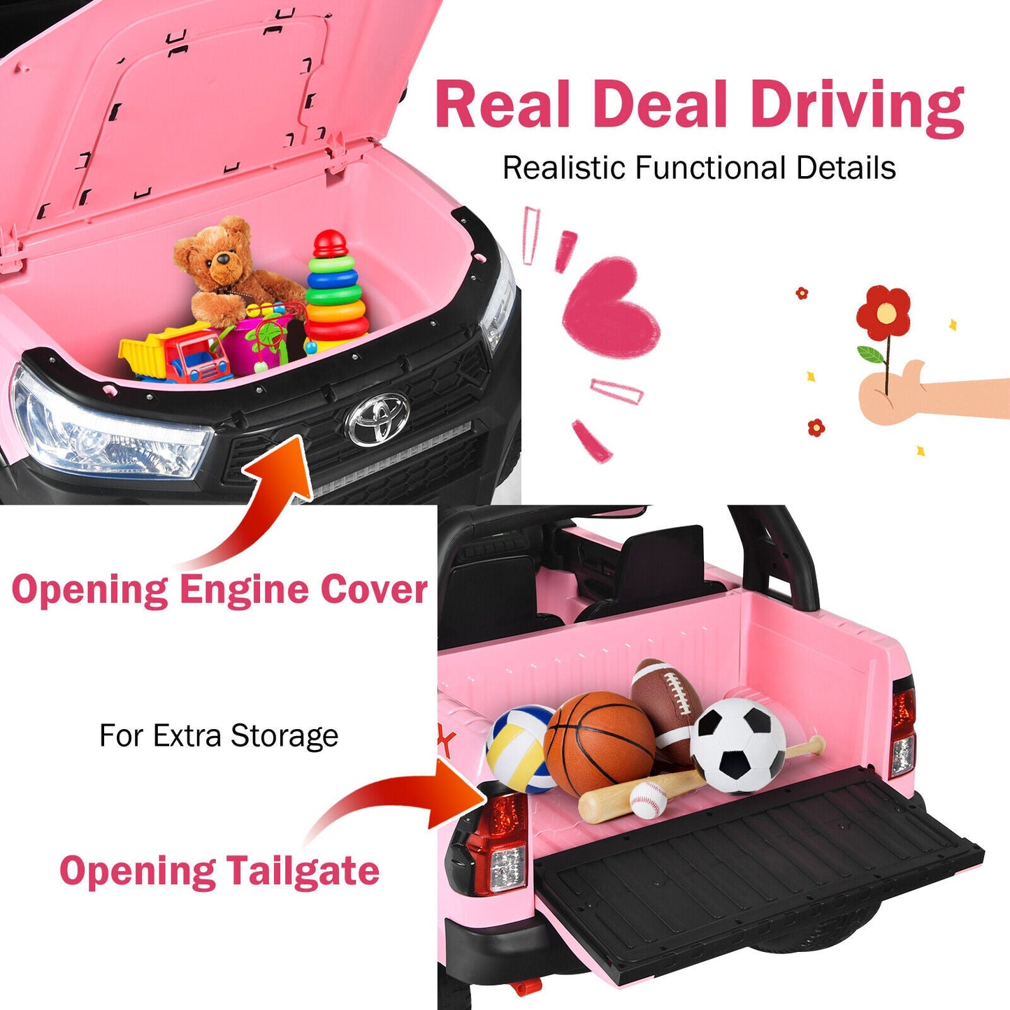 2-Seater 4WD Toyota Hilux Ride On Truck Car with Remote Control - Pink