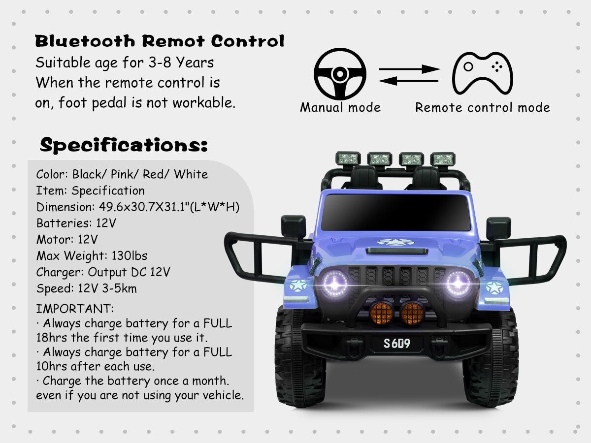 Kids Electric 12V Ride-On Jeep Truck with Remote Control and Powerful Battery