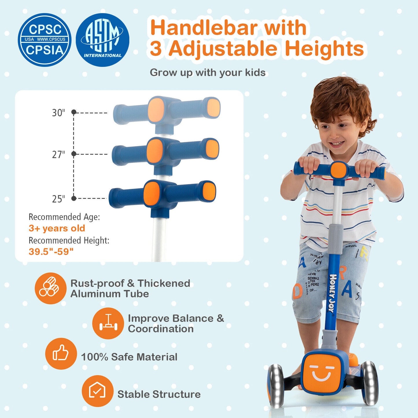 Folding Adjustable Kids Toy Scooter with LED Flashing Wheels Horn 4 Emoji Covers-Blue