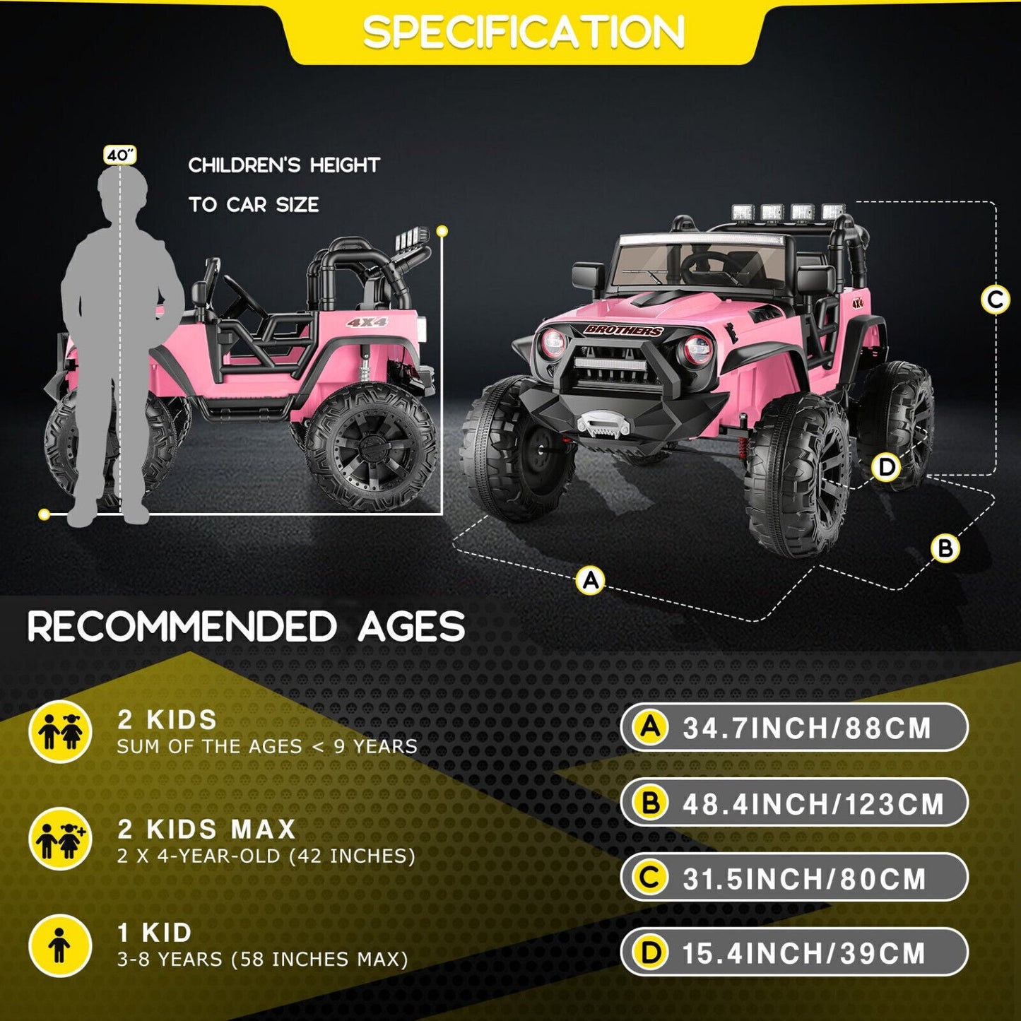 400W 2-Seater Electric Ride-On Jeep for Kids with LED Lights and Remote Control