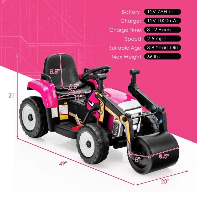 12V Electric Pink Tractor with Remote Control, Music, and LED Lights for Kids