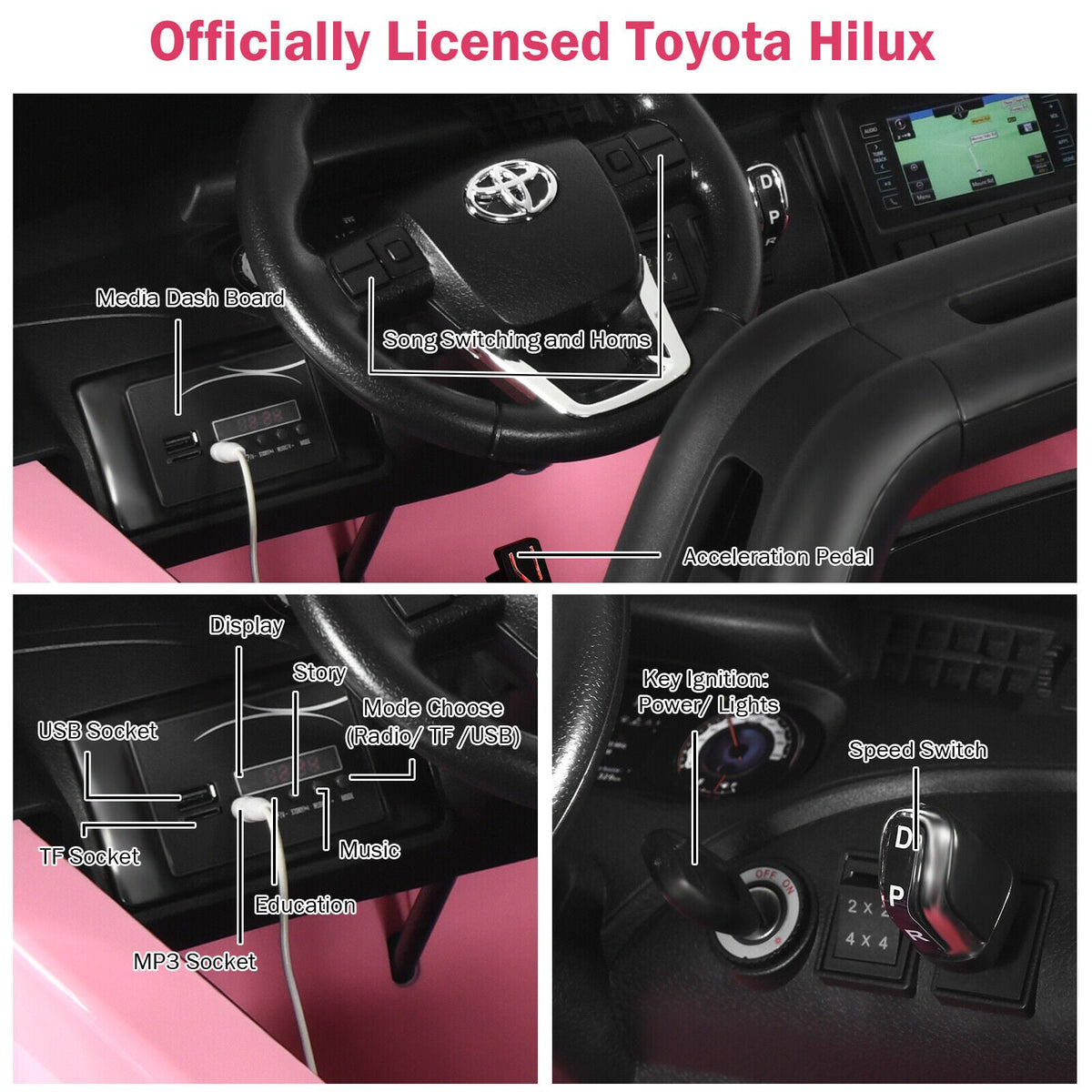 2-Seater 4WD Toyota Hilux Ride On Truck Car with Remote Control - Pink