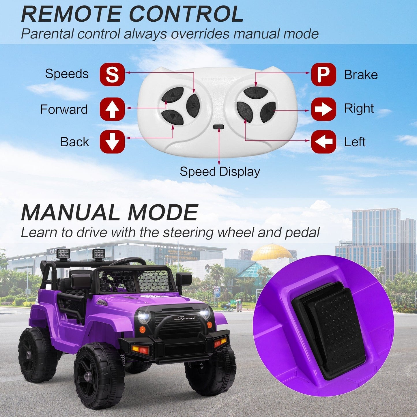 12V Kids Ride-On Truck with Power Wheels, LED Lights, and Parental Remote Control