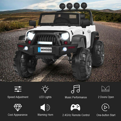 12-Volt White Ride-On Car Truck for Kids with RC Control, LED Lights, Music, and Trunk