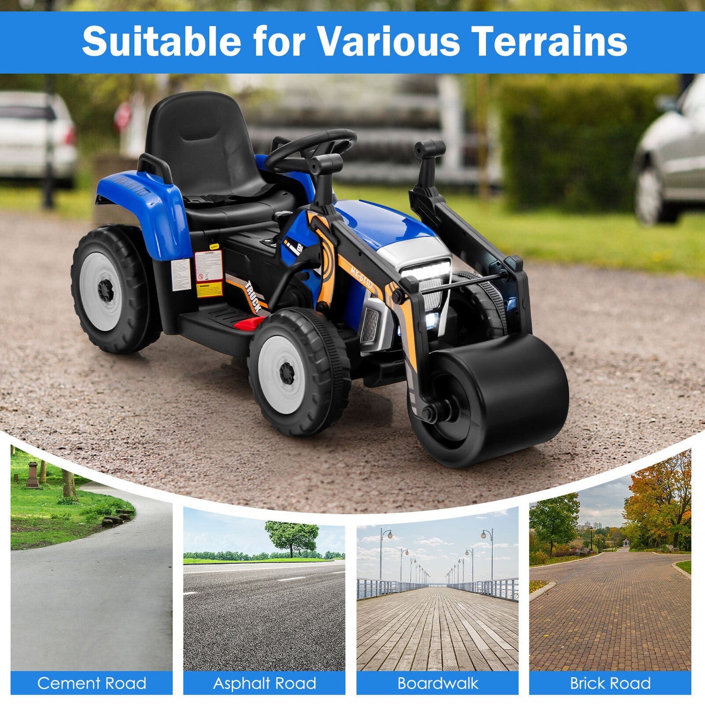 12V Electric Tractor with Remote Control, LED Lights, and Music for Kids - Blue