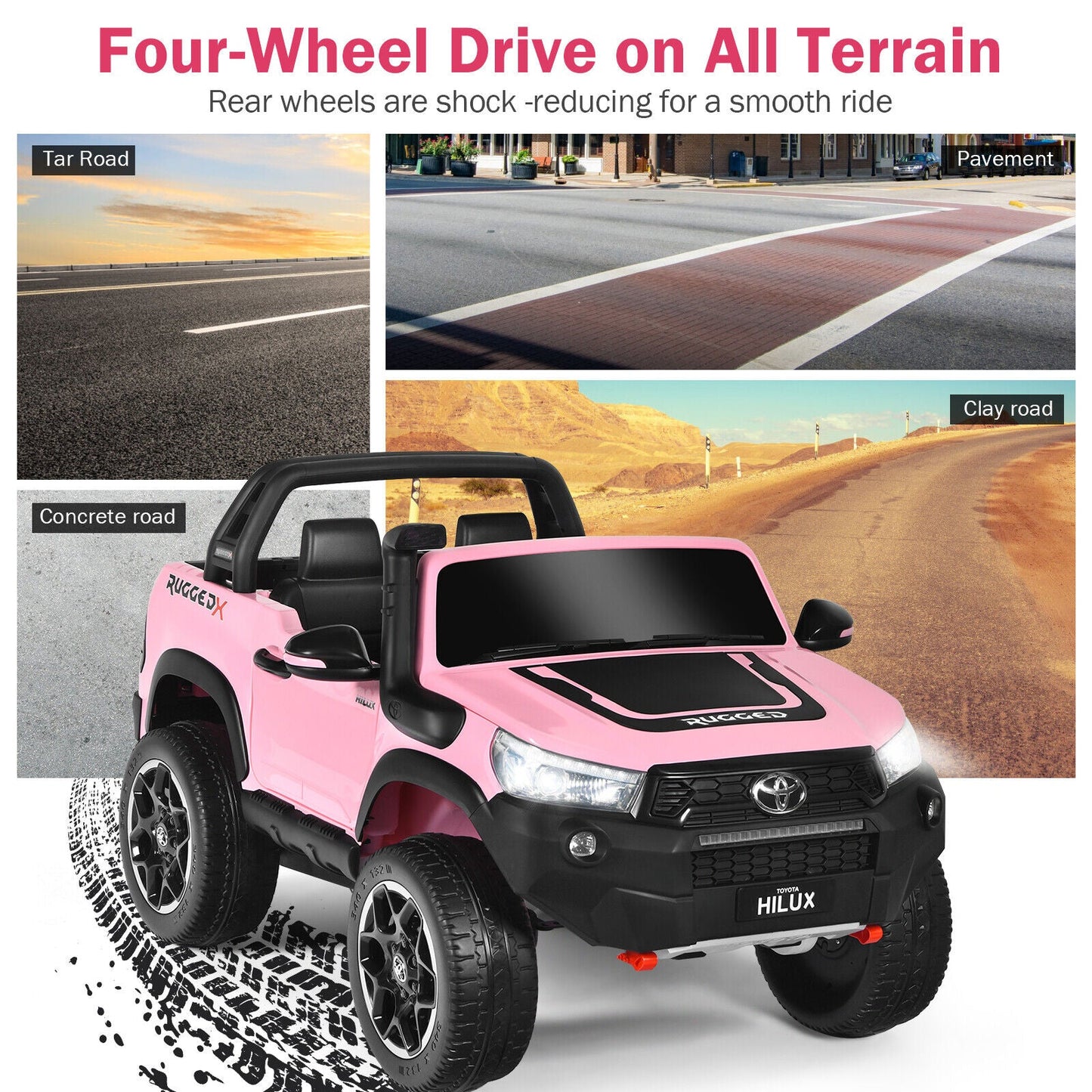 2-Seater Licensed Toyota Hilux Ride On Truck Car with Remote Control - Pink