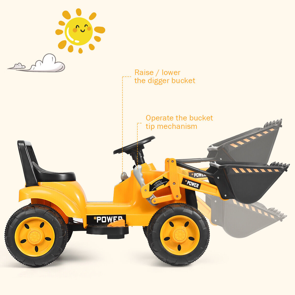 6V Battery Powered Kids Excavator Tractor with Digging Bucket - Yellow