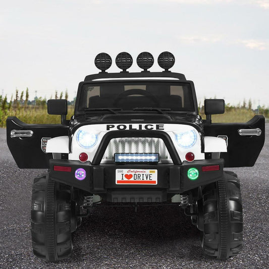 12 Volt Electric Kids Ride-On Police Truck Car with MP3 Player, Bluetooth Connectivity, and Remote Control - Black
