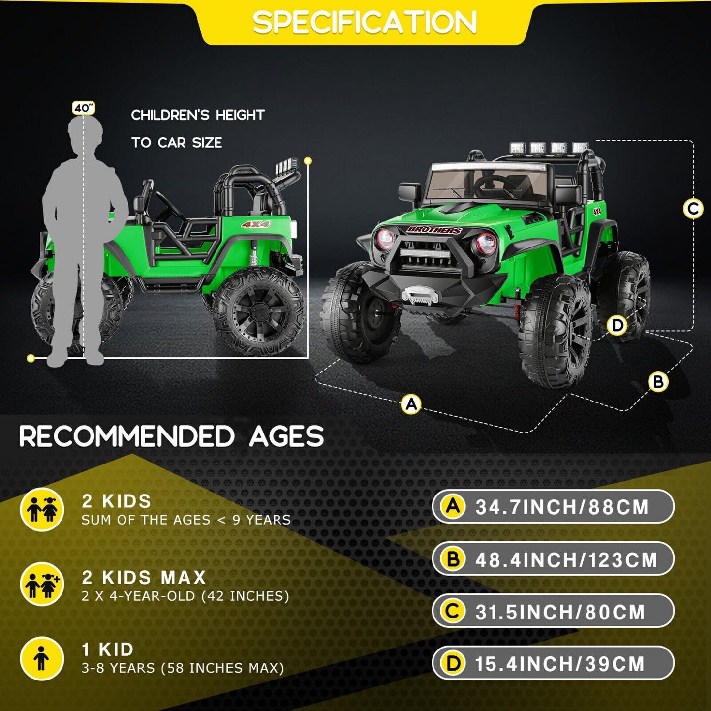 400W 2-Seater Electric Ride-On Jeep for Kids with LED Lights and Remote Control