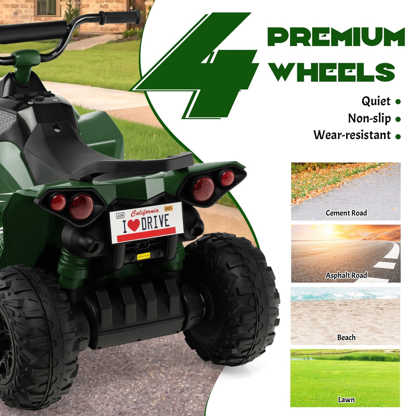 Electric Kids ATV with Headlights, Music, and Green Design - 12V Battery Powered
