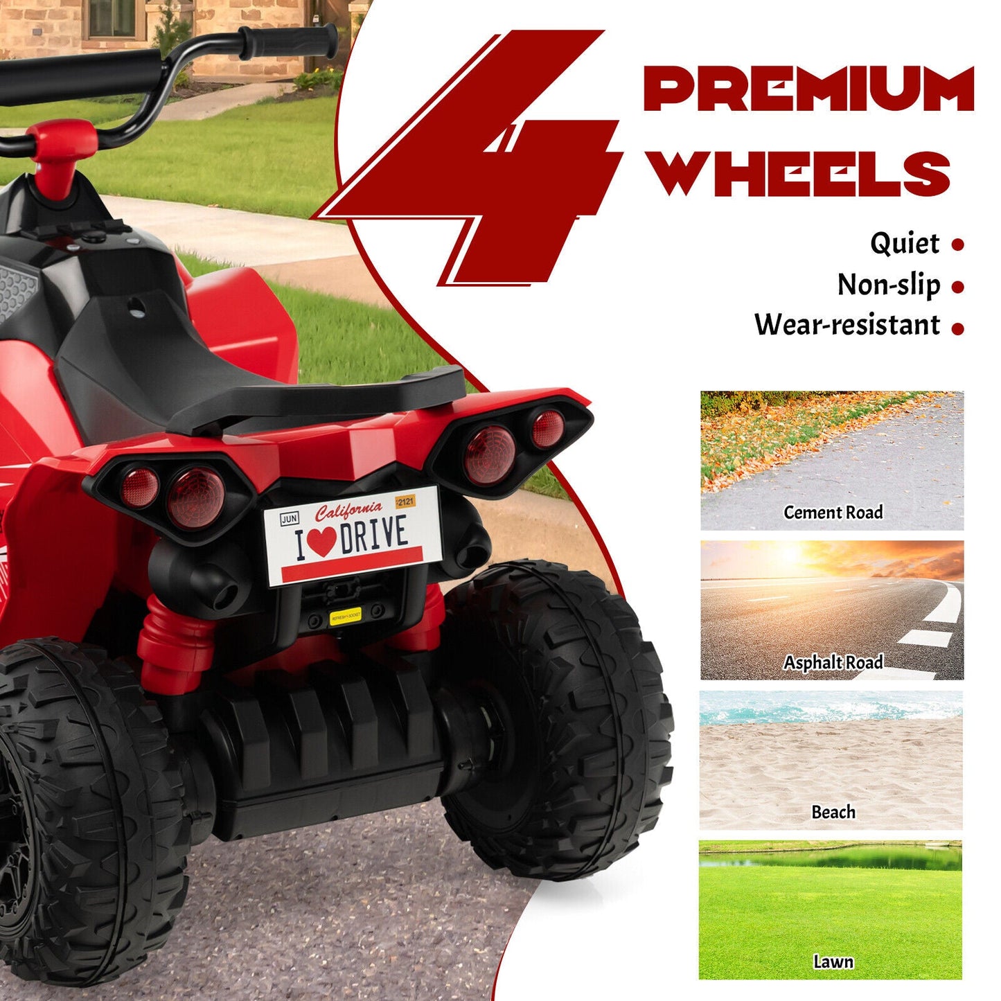 Red Kids Ride-on ATV with Headlights and Music - Powered by 12V Battery