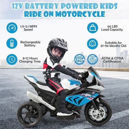 Blue 3-Wheel Electric Ride-On Motorcycle for Kids with Light and Music - 12V, Ages 3-6