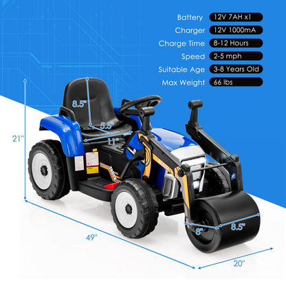 12V Electric Tractor with Remote Control, LED Lights, and Music for Kids - Blue