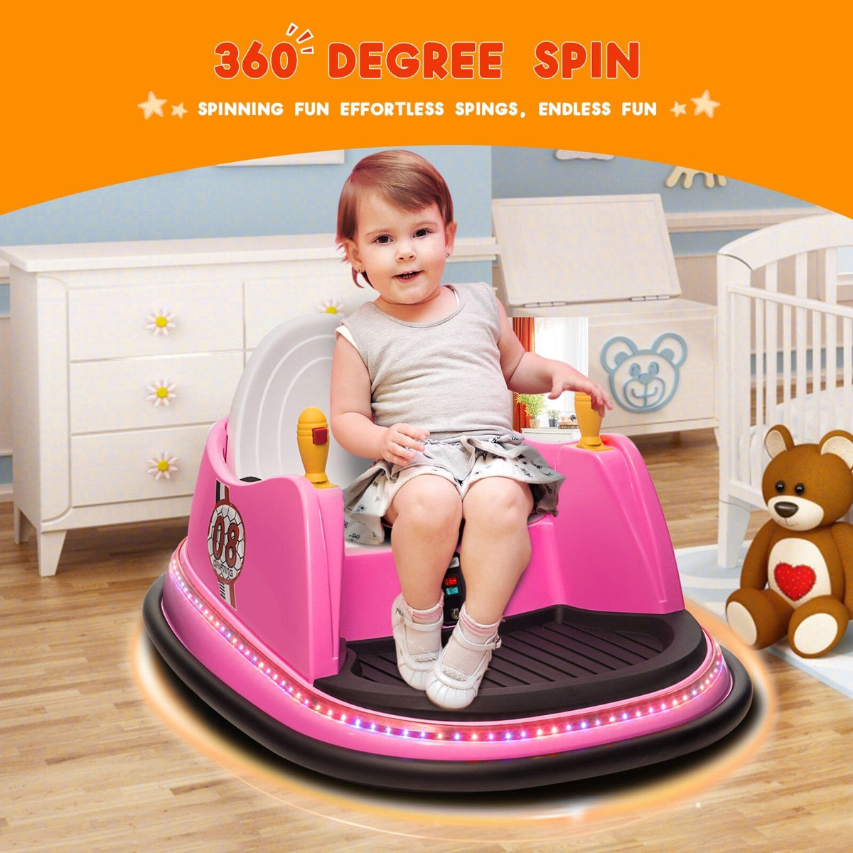 6V Pink Toddler Ride-On Bumper Car with Remote Control and 360° Spin