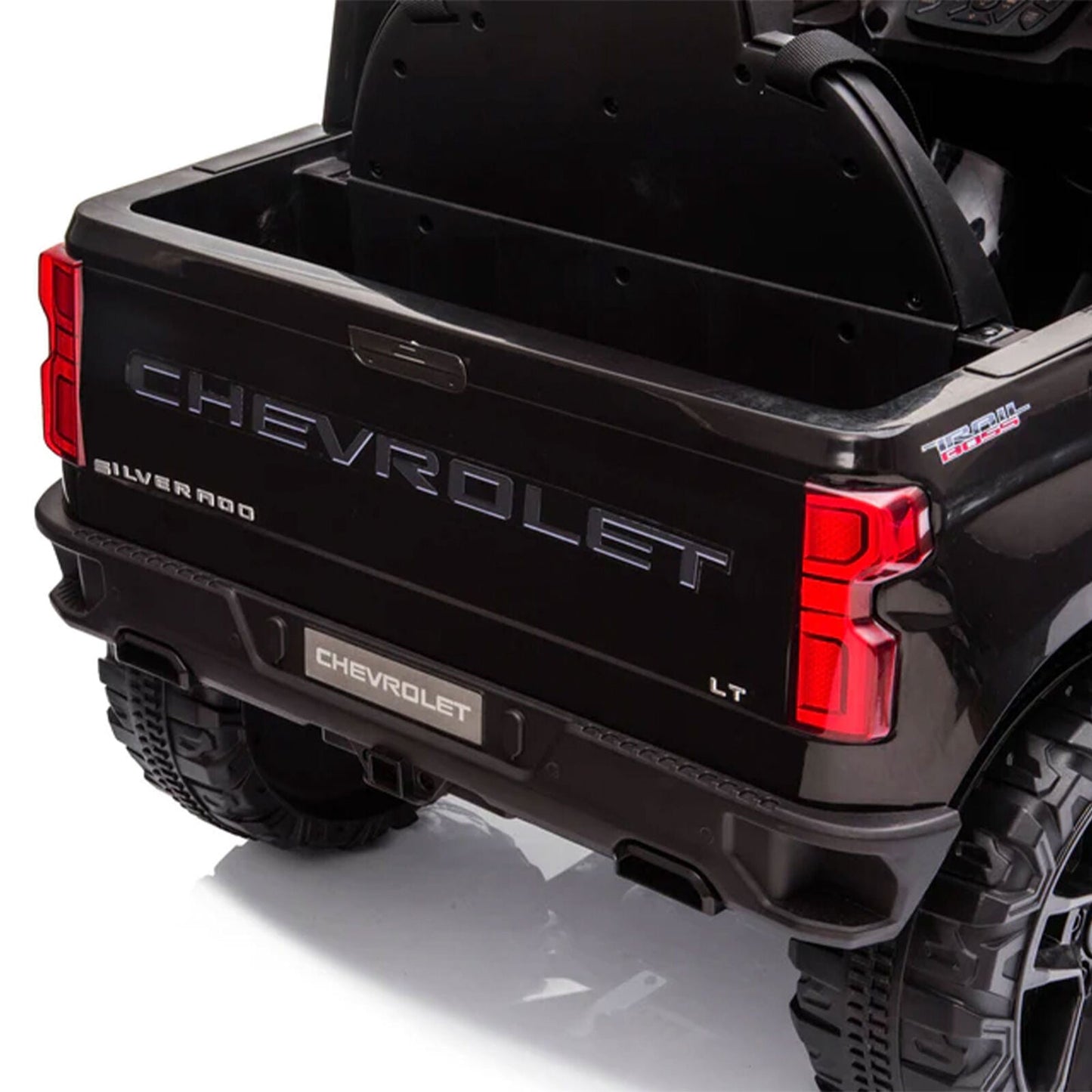 Black Chevy Silverado 4x4 Trail Boss Monster Truck Ride-On with Big Wheels