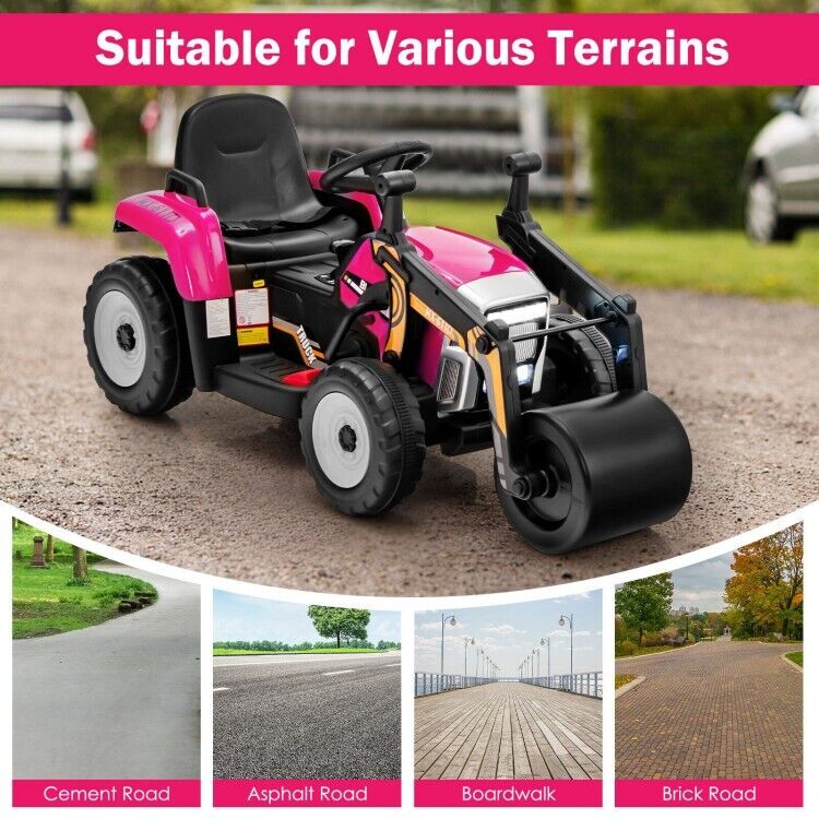 12V Electric Pink Tractor with Remote Control, Music, and LED Lights for Kids