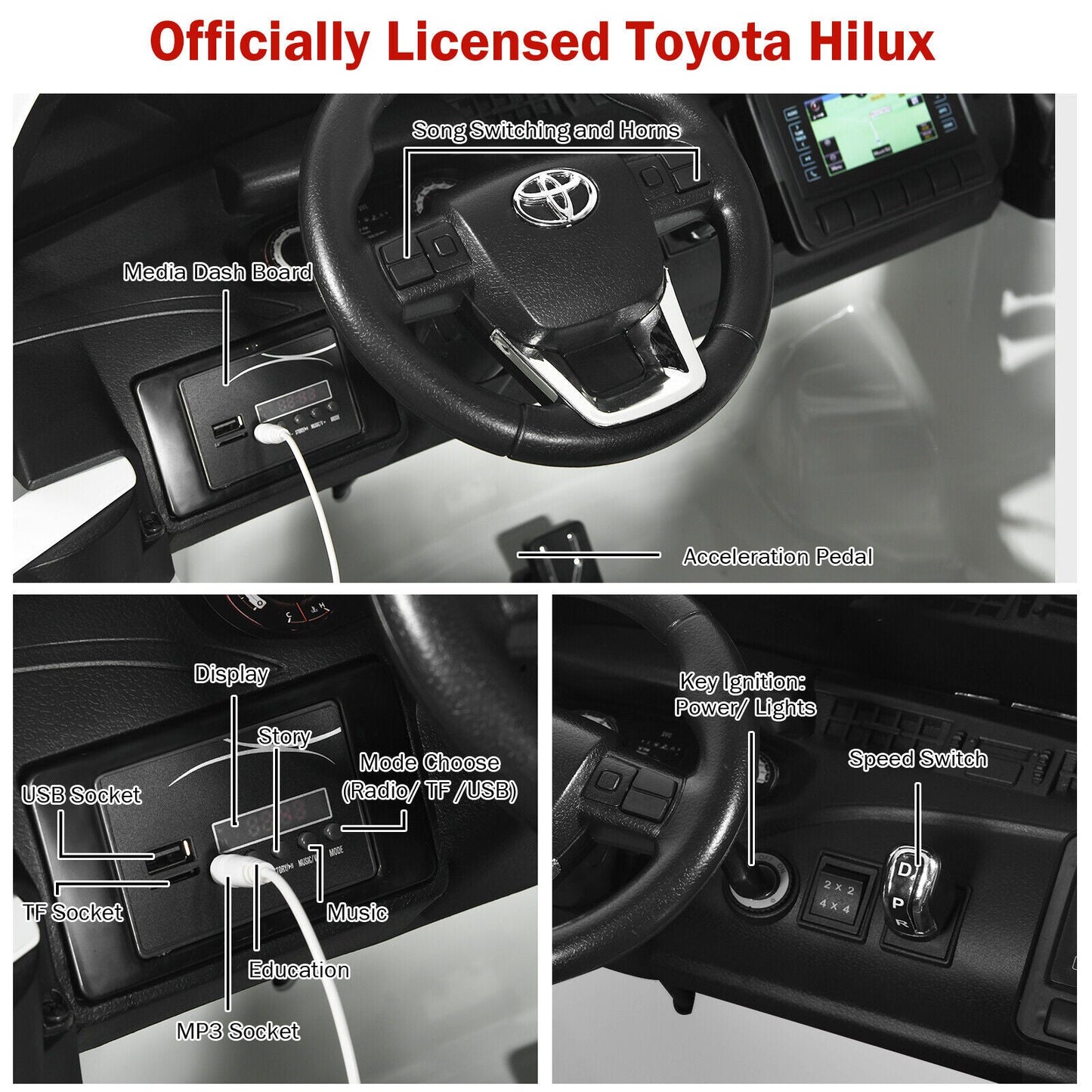 2-Seater 4WD Toyota Hilux Ride On Truck with Remote Control - Licensed, 12V, White