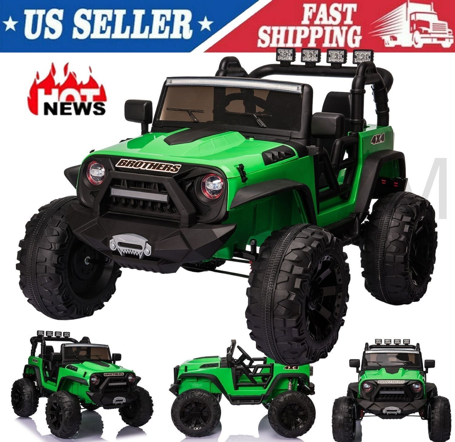 2 Seater 24V Kids Ride On Truck with Remote Control, LED Lights, and 3 Speeds - 2x200W Power